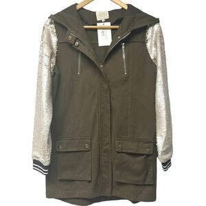 NWT Hannah Banana Girls Full Zip Sweatshirt Size 14 Green Sequin Sleeve Hooded